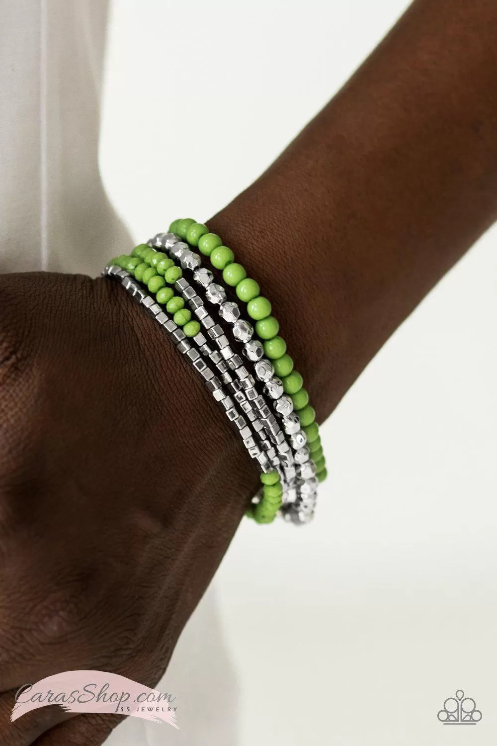 Colorfully Chromatic Green and Silver Stretch Bracelet Set - Paparazzi Accessories