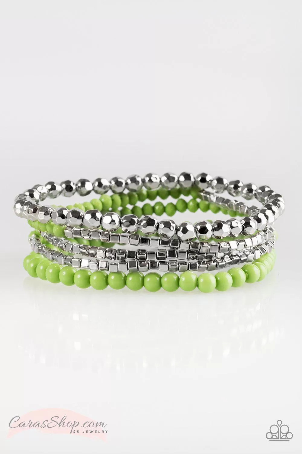 Colorfully Chromatic Green and Silver Stretch Bracelet Set - Paparazzi Accessories