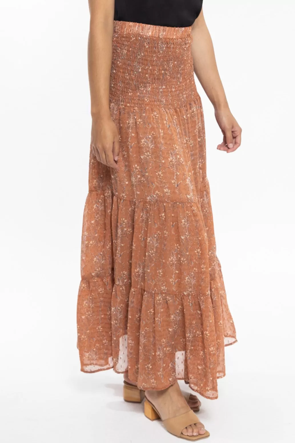 Creative Cinnamon Floral Dobby Shirred Waist Tiered Maxi Skirt