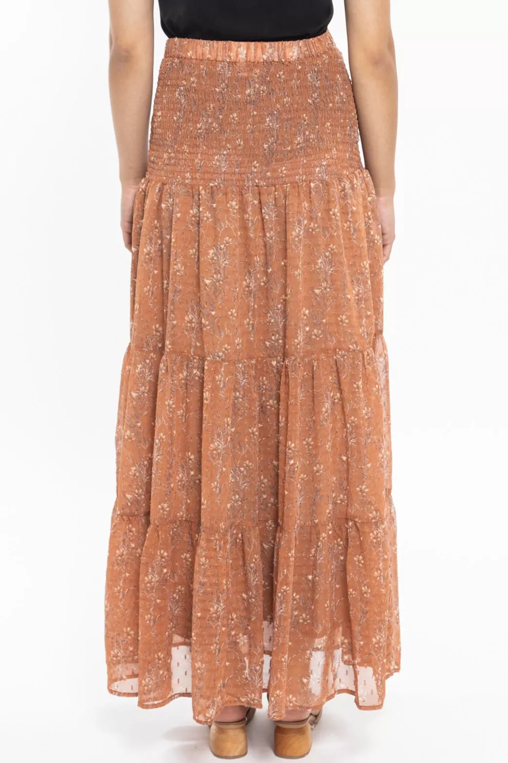 Creative Cinnamon Floral Dobby Shirred Waist Tiered Maxi Skirt