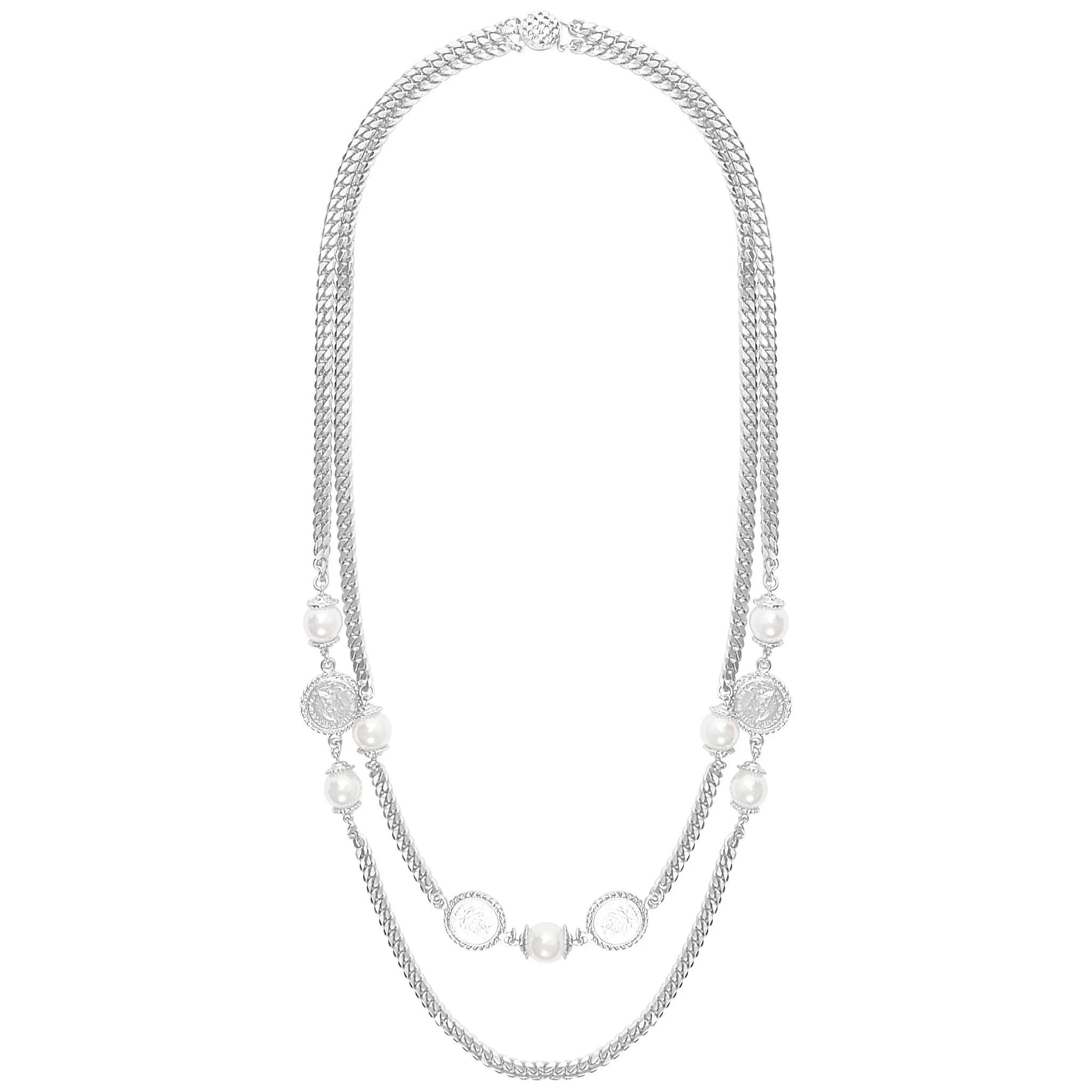 Curb link layered necklace with pearl and coin accent