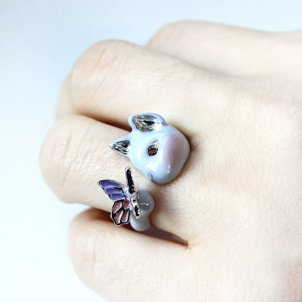 Cute Cat Face and Butterfly Ring