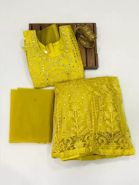 Dazzling Yellow Color Designer Net Lehenga Choli Set With Dupatta For Girls