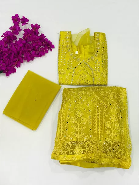 Dazzling Yellow Color Designer Net Lehenga Choli Set With Dupatta For Girls