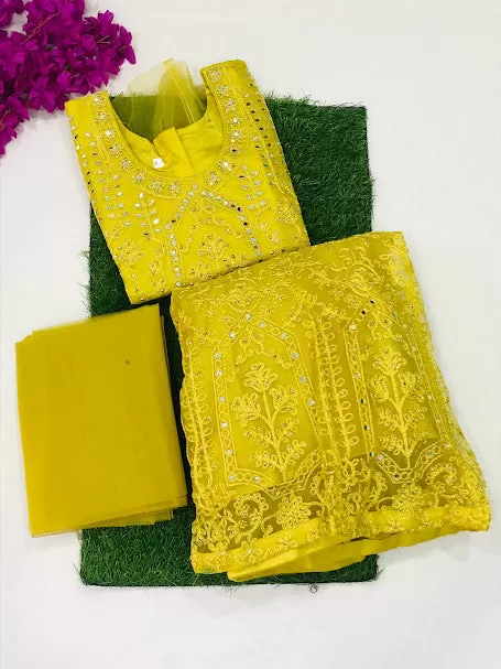 Dazzling Yellow Color Designer Net Lehenga Choli Set With Dupatta For Girls