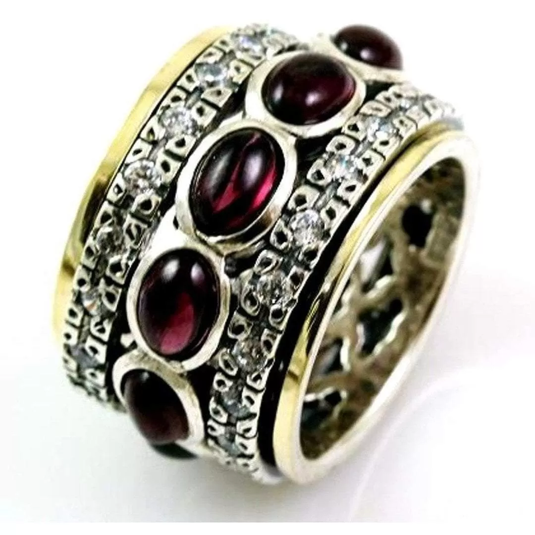 Elegant Spinner Ring for Woman - Silver Gold set Garnets ring / Amethysts / Blue Topaz