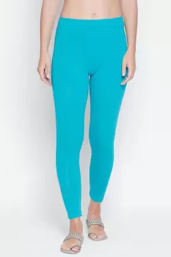 Elegant Stretchable Cotton Light Blue Leggings For Women