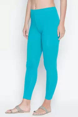 Elegant Stretchable Cotton Light Blue Leggings For Women