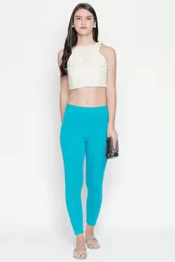 Elegant Stretchable Cotton Light Blue Leggings For Women