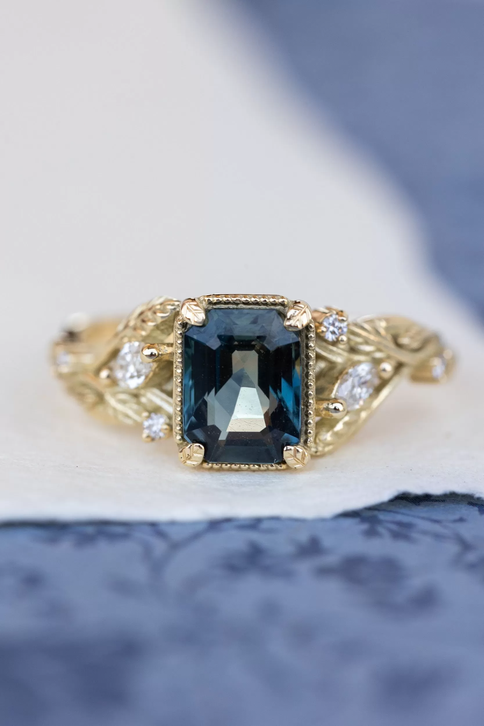 Emerald cut teal sapphire engagement ring, proposal ring with leaves and diamonds / Patricia