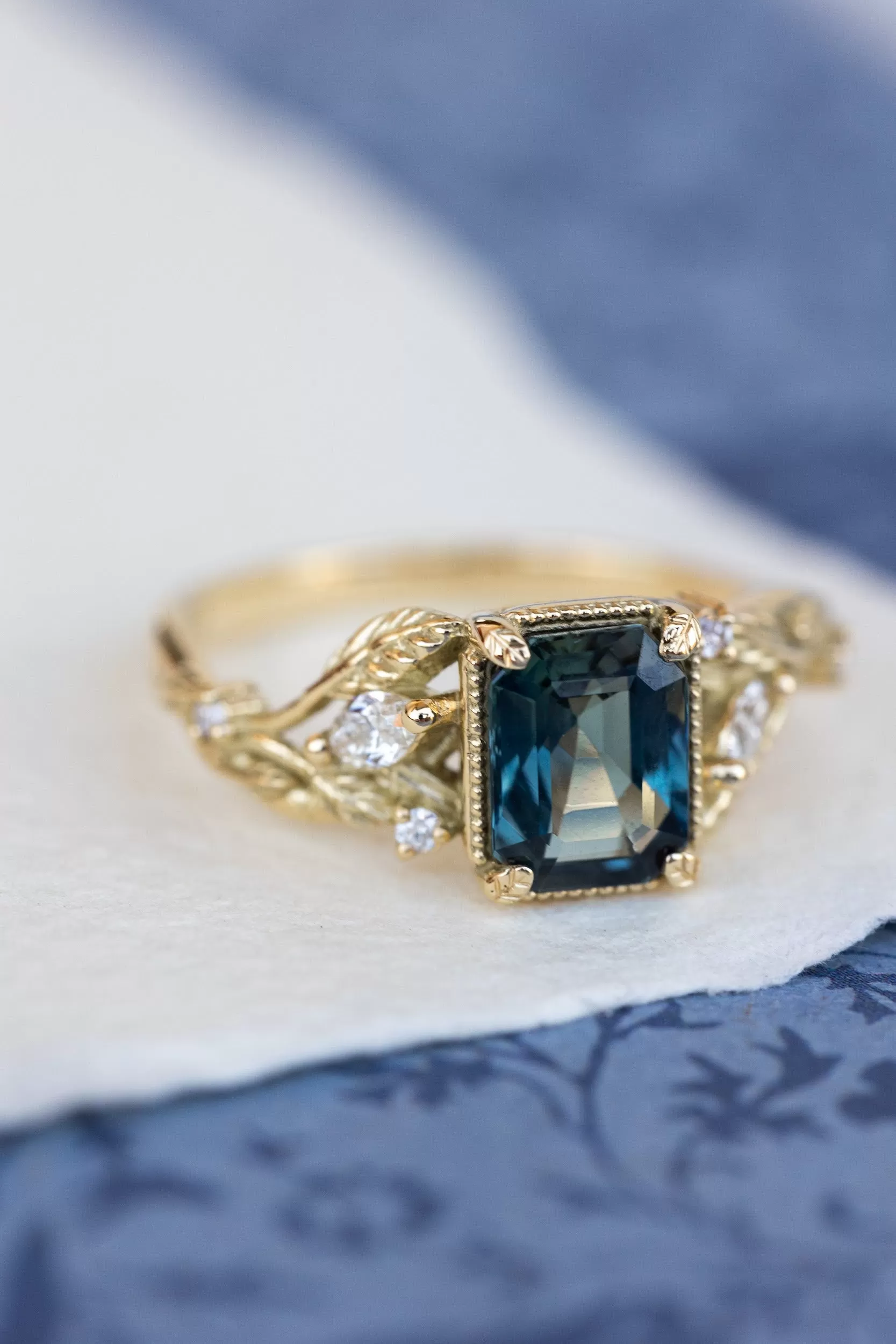 Emerald cut teal sapphire engagement ring, proposal ring with leaves and diamonds / Patricia