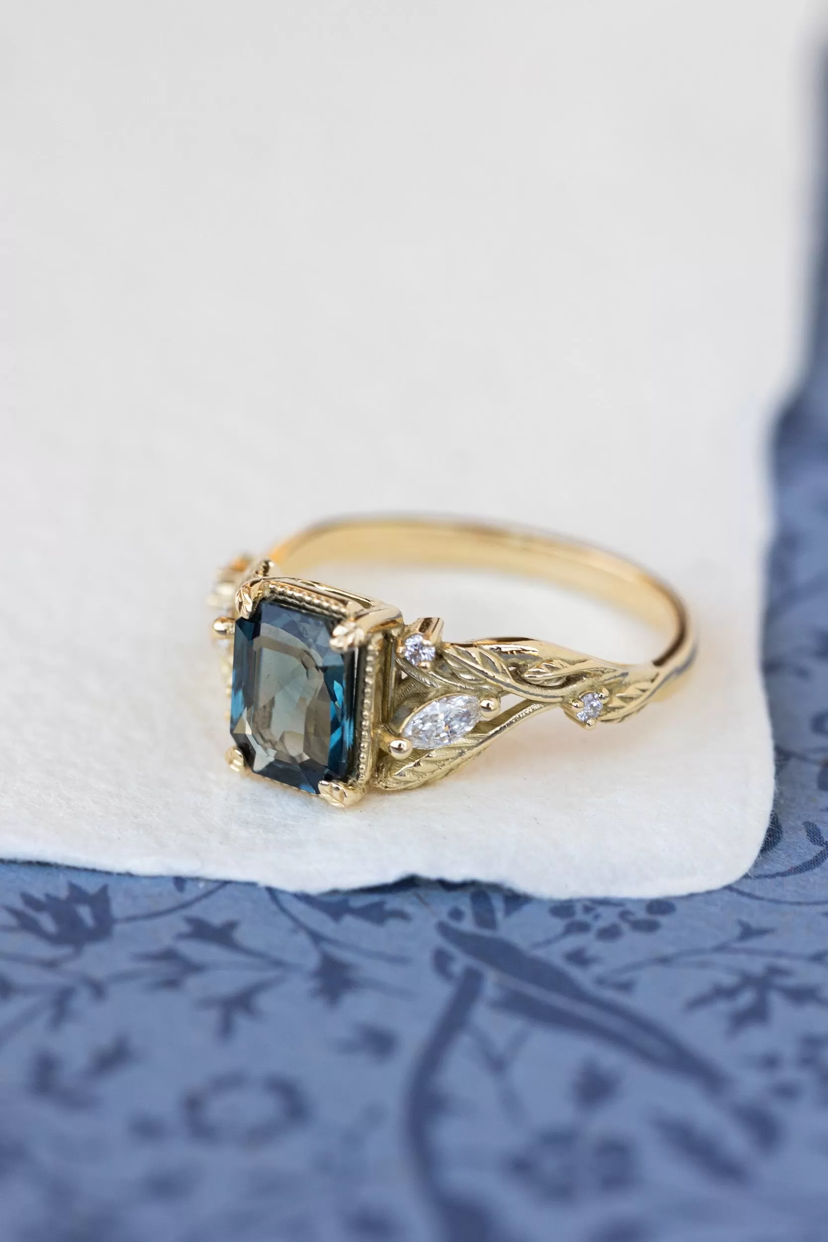 Emerald cut teal sapphire engagement ring, proposal ring with leaves and diamonds / Patricia