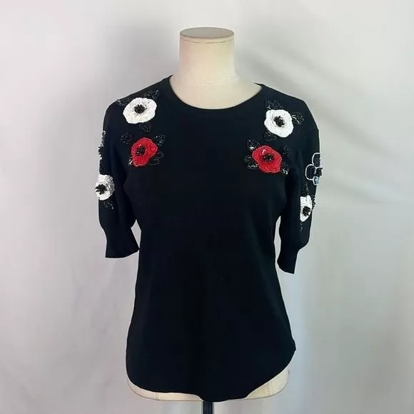 EscadaBlackWith Beaded Flowers Sweater Top