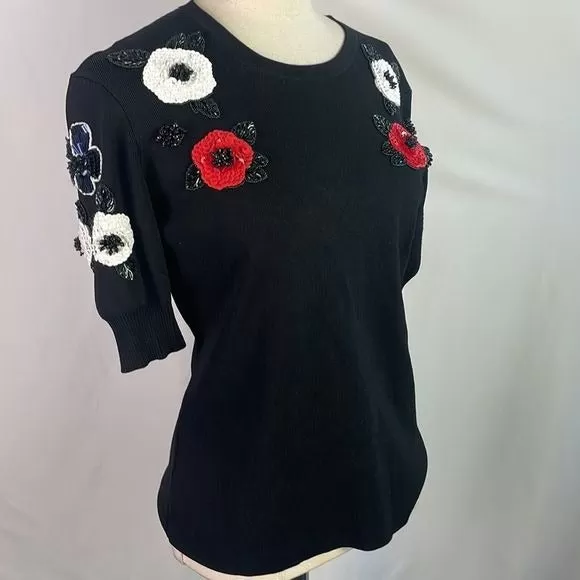 EscadaBlackWith Beaded Flowers Sweater Top