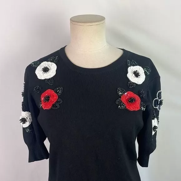 EscadaBlackWith Beaded Flowers Sweater Top