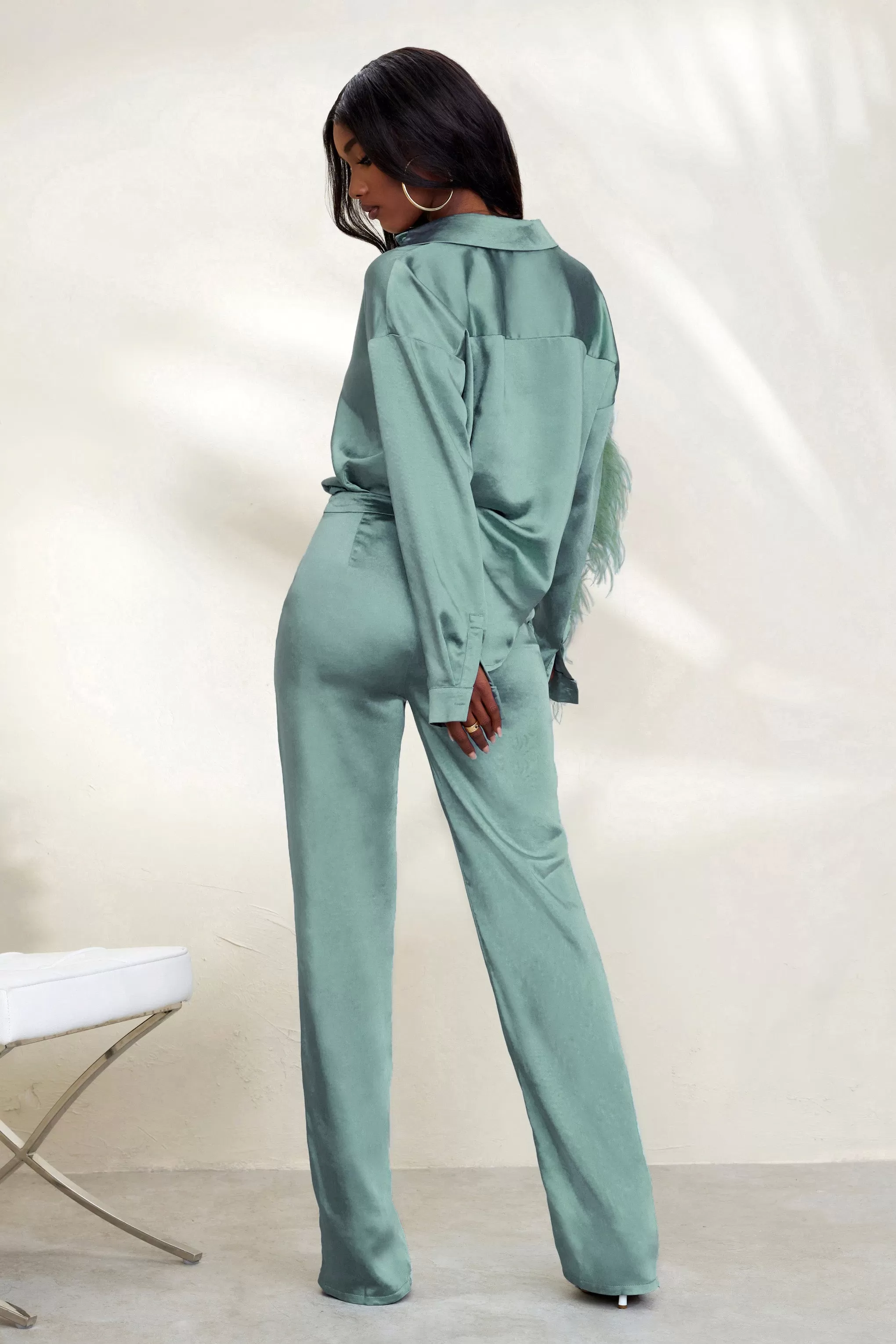 Evening Memories | Duck Egg Blue Satin Wide Leg Trousers