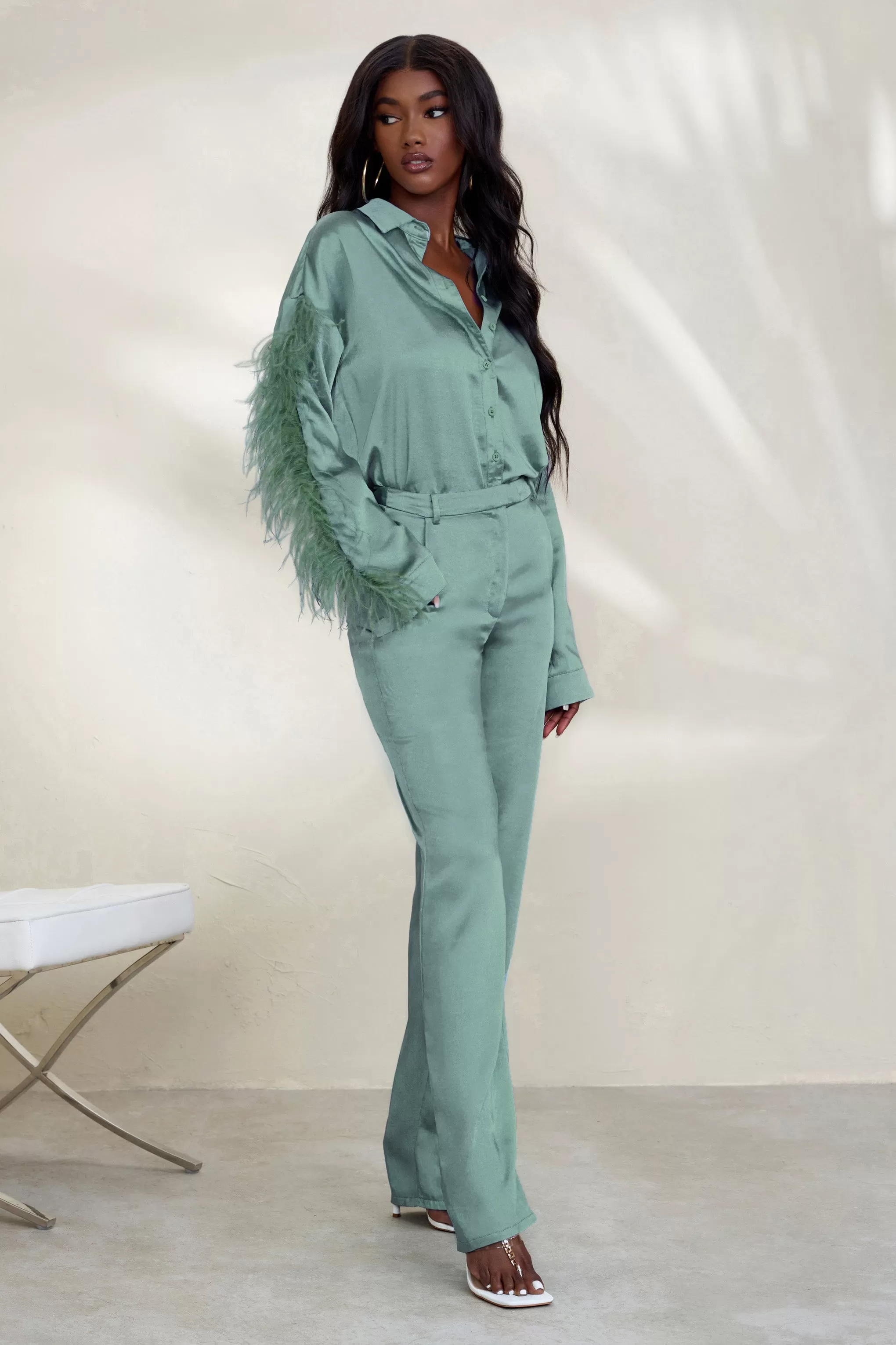 Evening Memories | Duck Egg Blue Satin Wide Leg Trousers