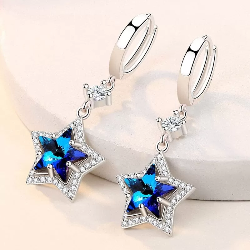 Fashion Blue Sapphire Star Crystal Drop Earrings - 925 Sterling Silver