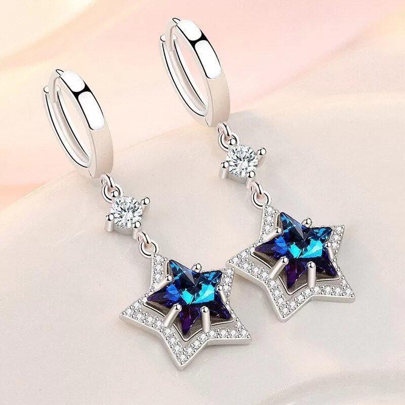 Fashion Blue Sapphire Star Crystal Drop Earrings - 925 Sterling Silver