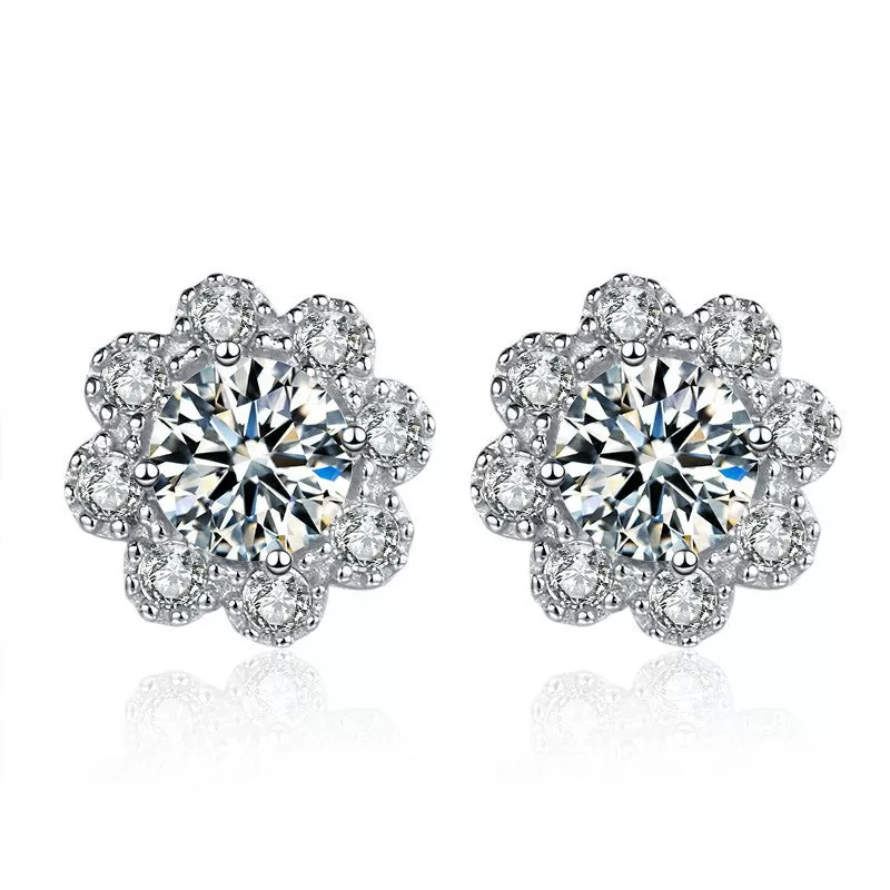 Floral Round Moissanite Stud Earrings for Women