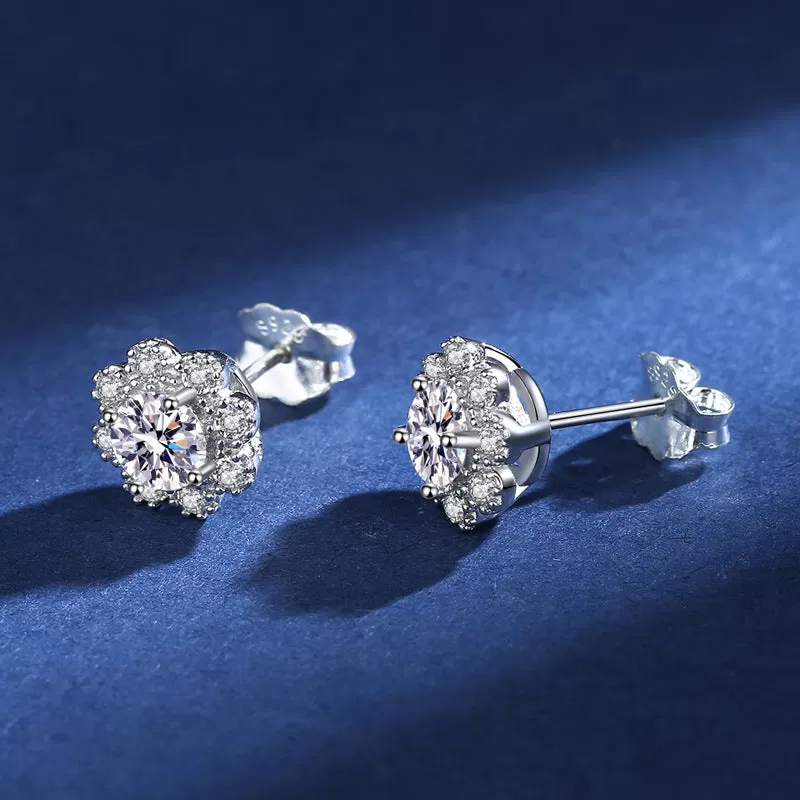 Floral Round Moissanite Stud Earrings for Women