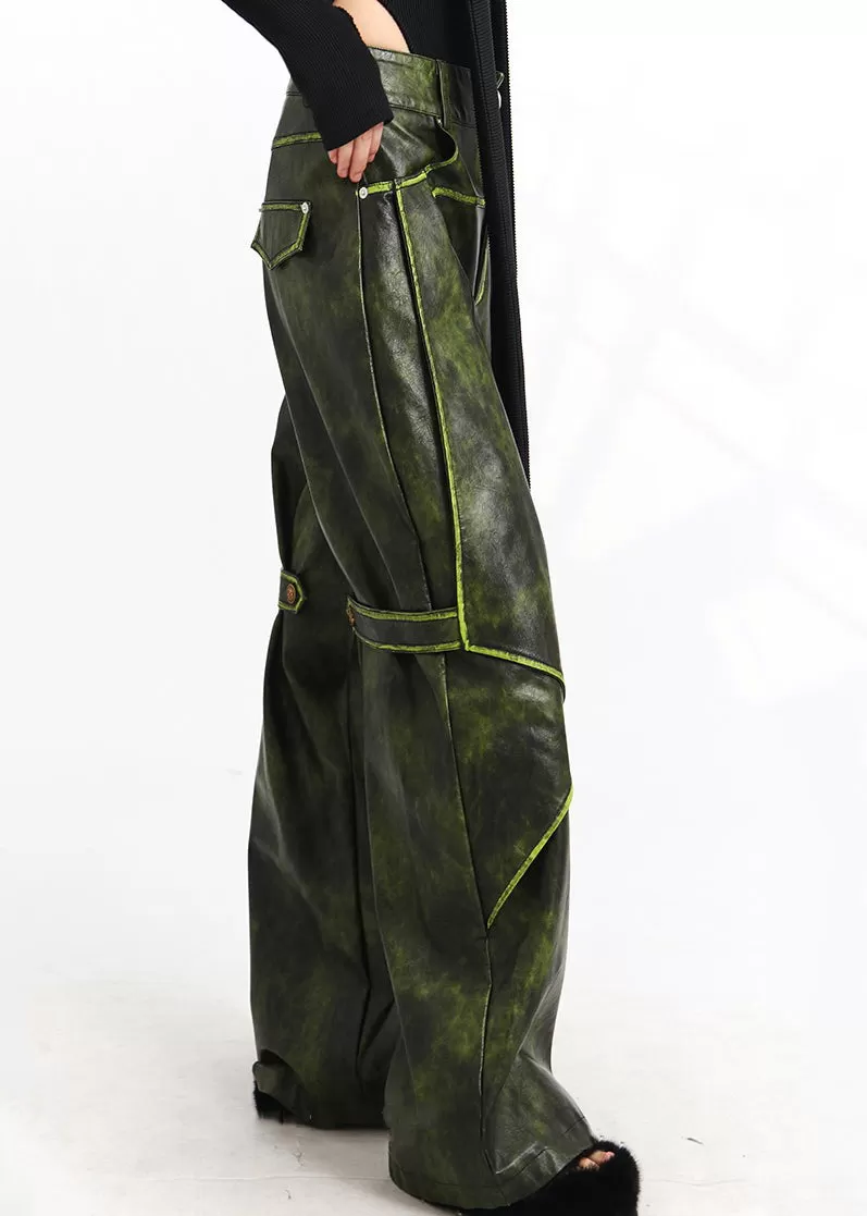 French Green Pockets High Waist Faux Leather Pants Spring AS1011