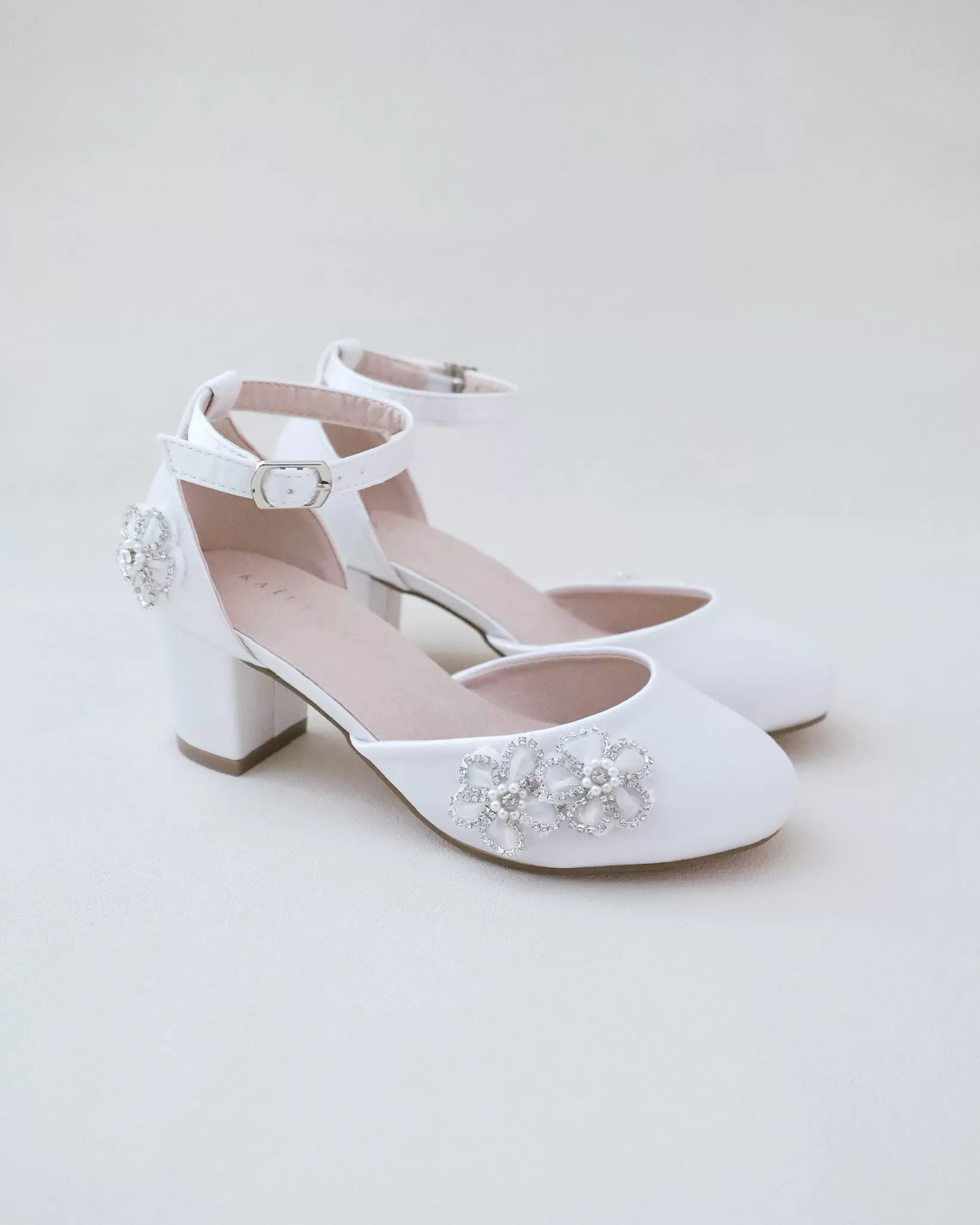 Girls Satin Block Heel with Rhinestones Chassia Flowers