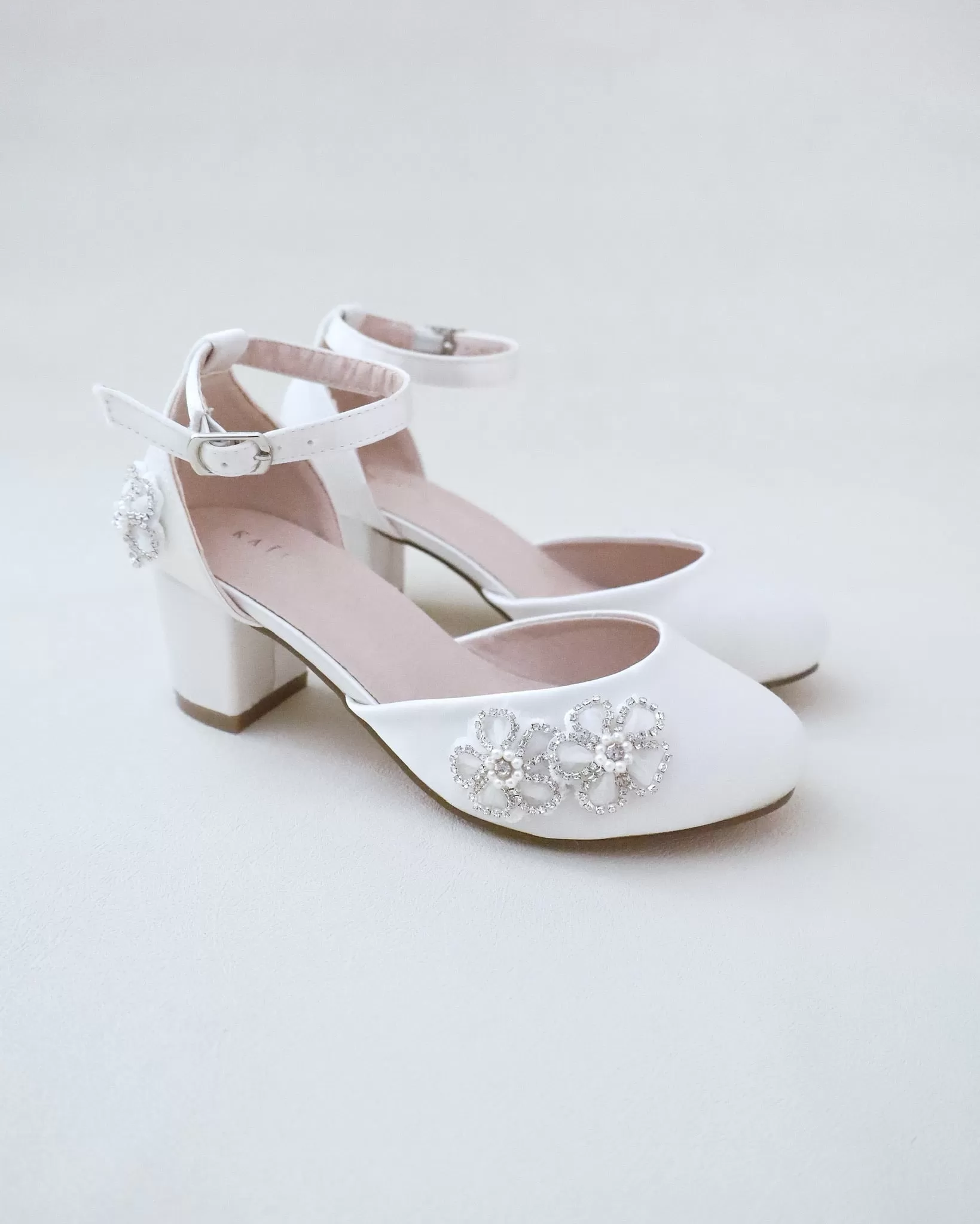 Girls Satin Block Heel with Rhinestones Chassia Flowers