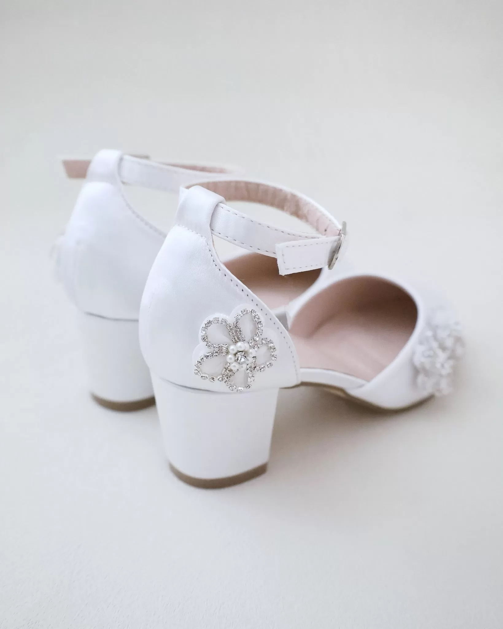 Girls Satin Block Heel with Rhinestones Chassia Flowers