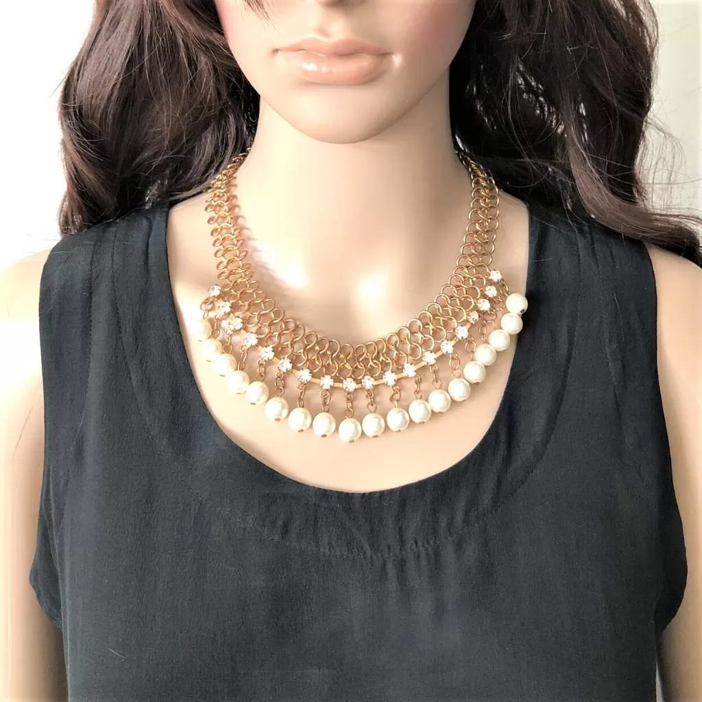 Gold Chain Pearl and Rhinestone Statement Necklace