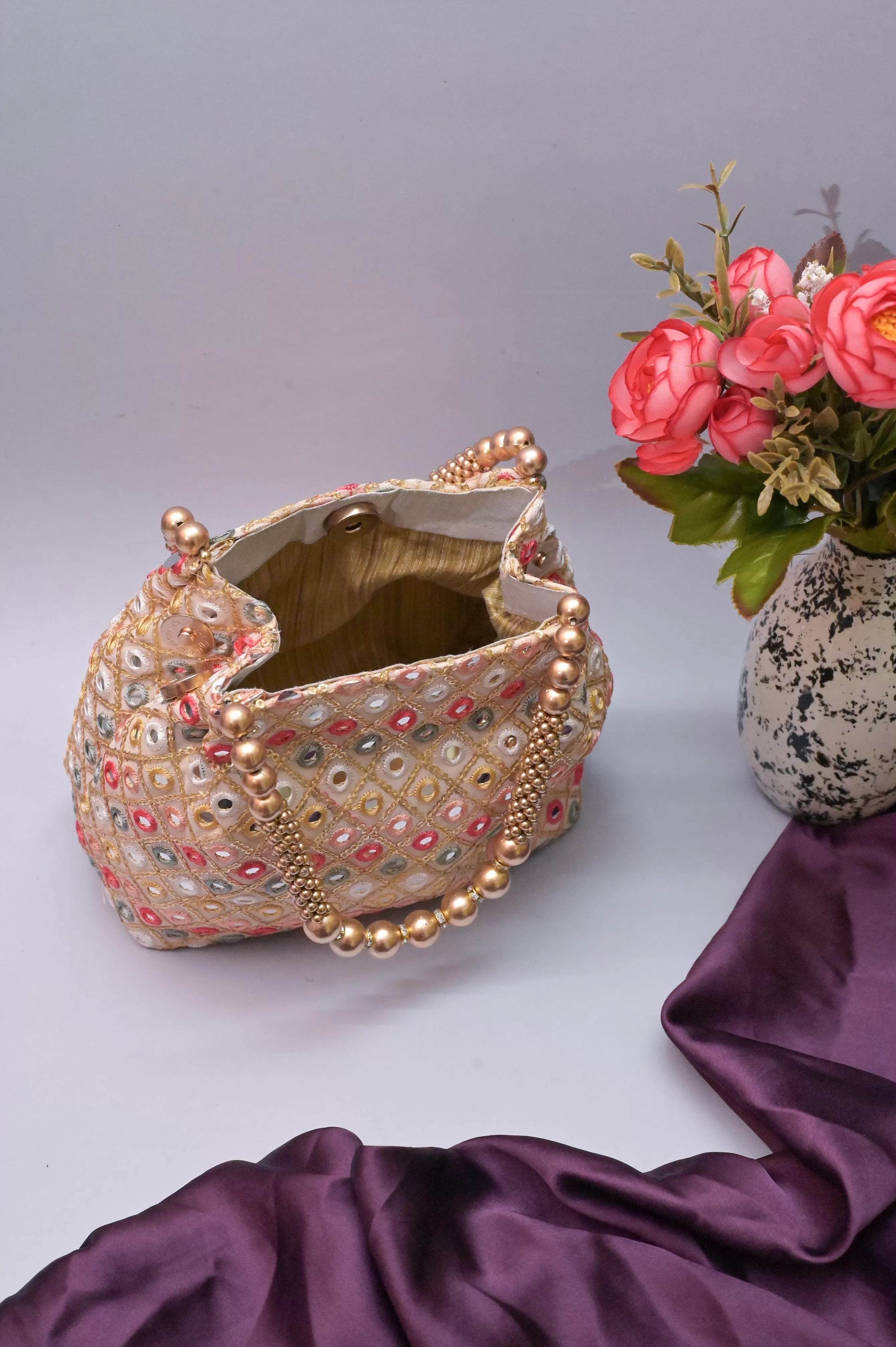 Golden Cream Color Embroidered & Mirror Work Potli Clutch Bag