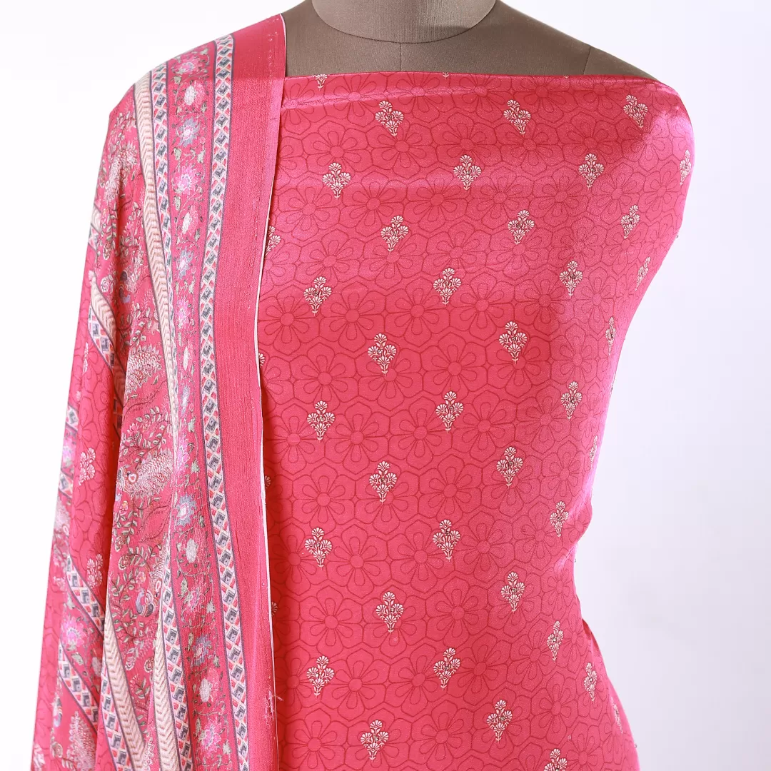 Hand-Embroidered Fuchsia Pink Crepe Suit with Artistic Digital Print