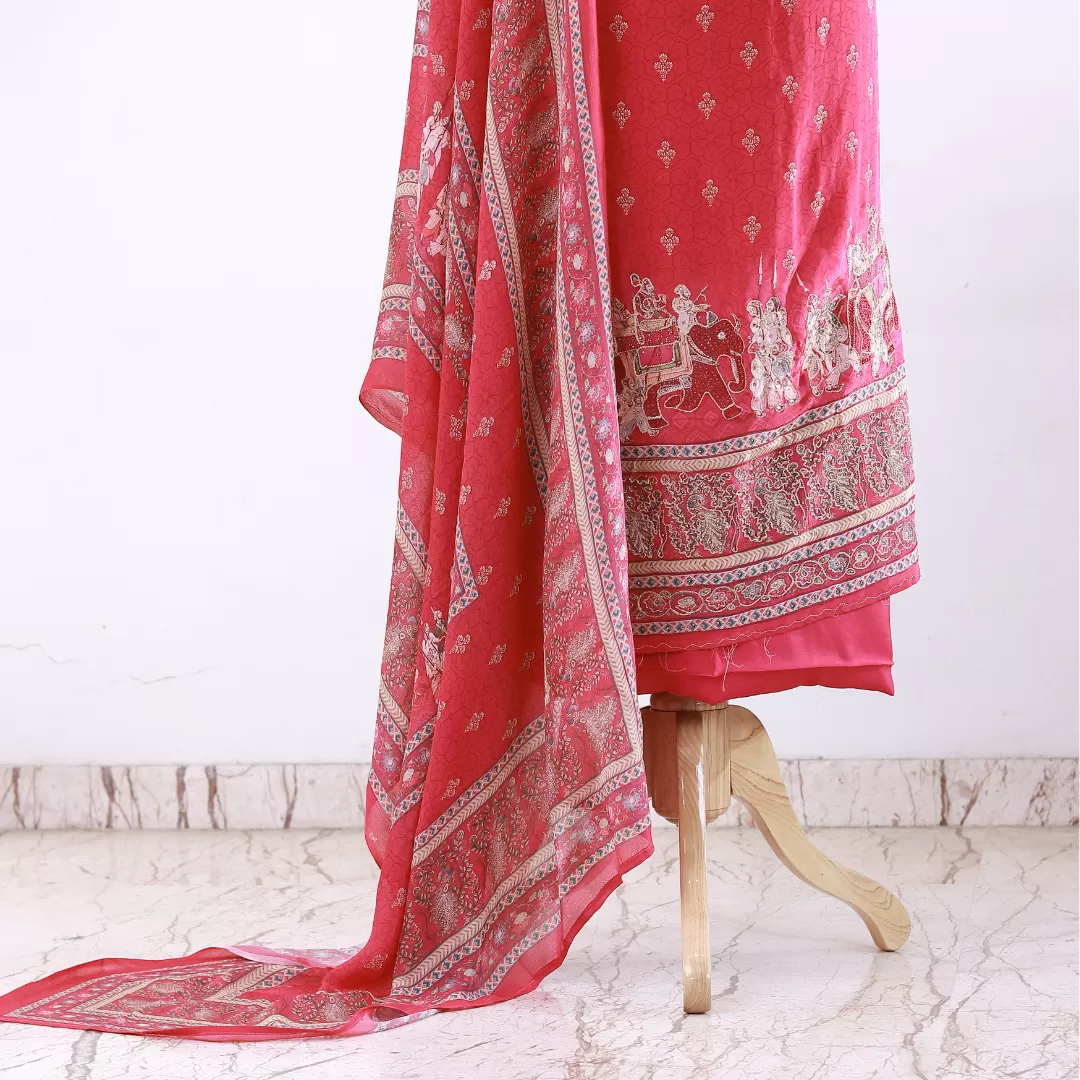 Hand-Embroidered Fuchsia Pink Crepe Suit with Artistic Digital Print