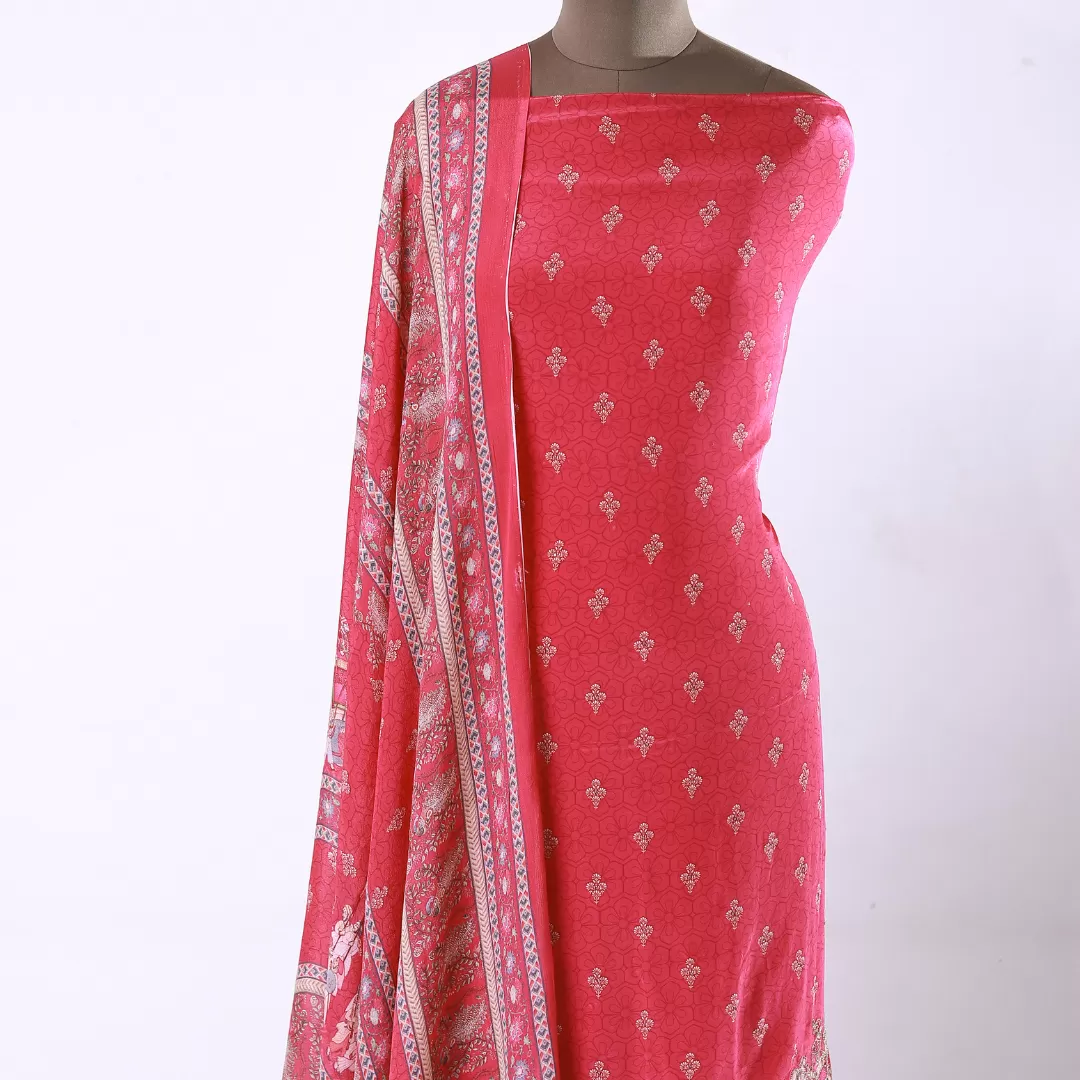 Hand-Embroidered Fuchsia Pink Crepe Suit with Artistic Digital Print