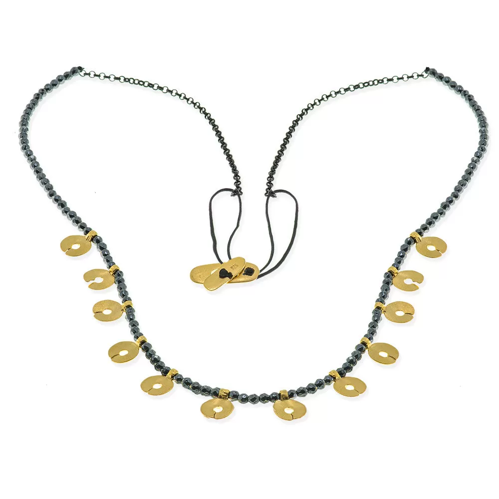 Handmade Short Necklace With Gold Plated Silver Coins & Hematite Stones