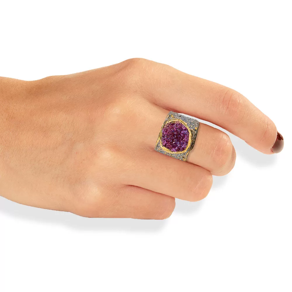 Handmade Silver Plated Bronze Ring Diamond Curved With Purple Crystals