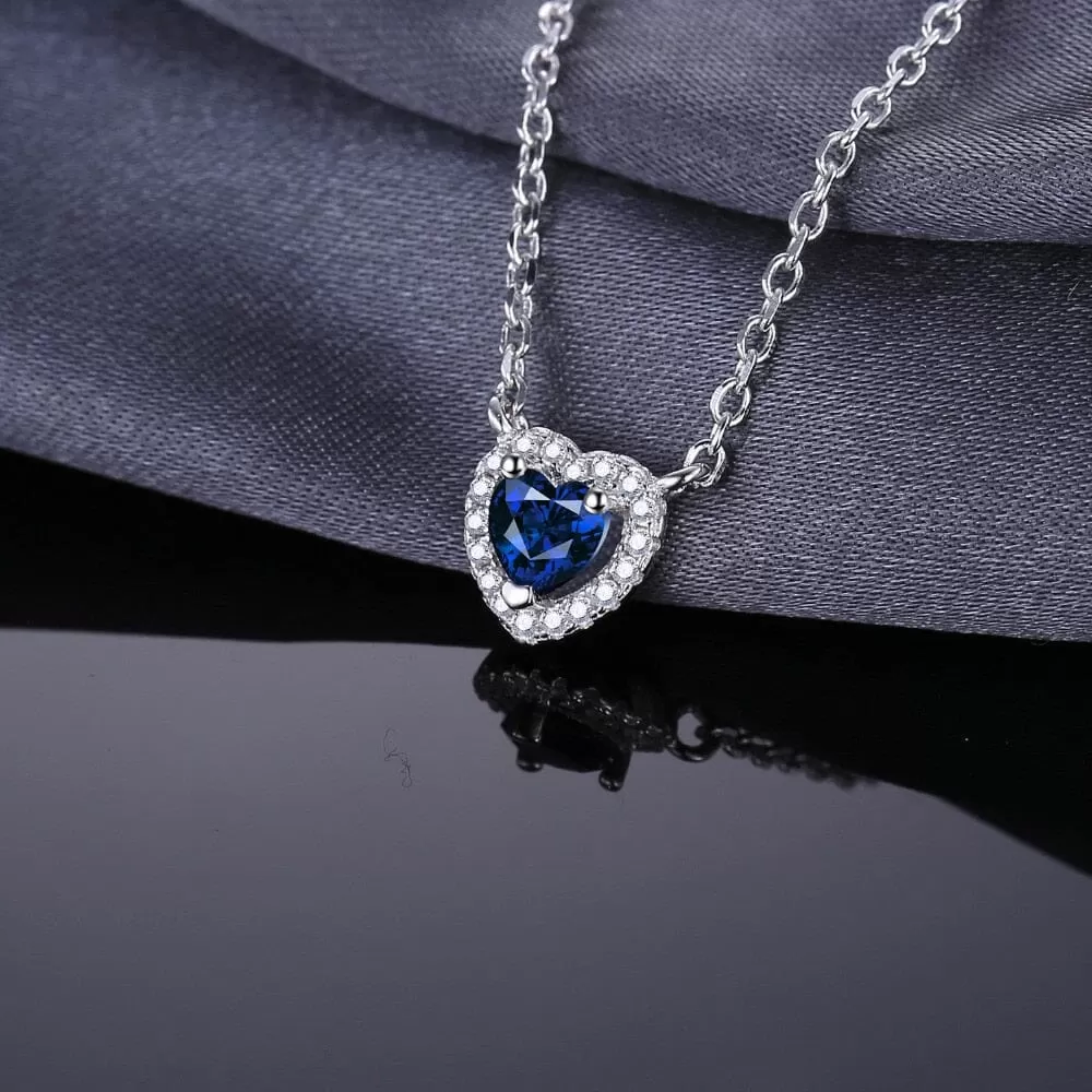 Heart Created Blue Sapphire Necklace - 925 Sterling Silver