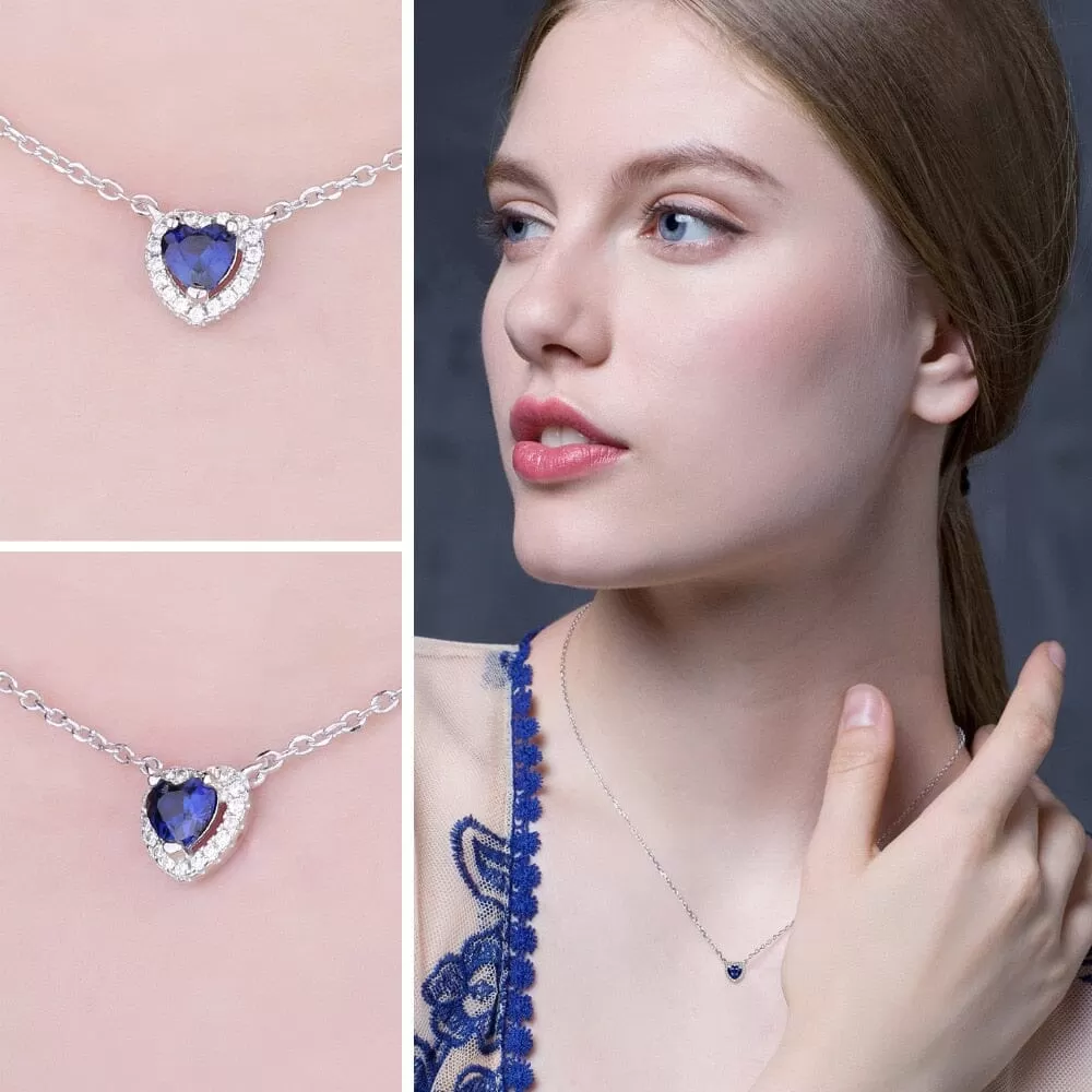 Heart Created Blue Sapphire Necklace - 925 Sterling Silver