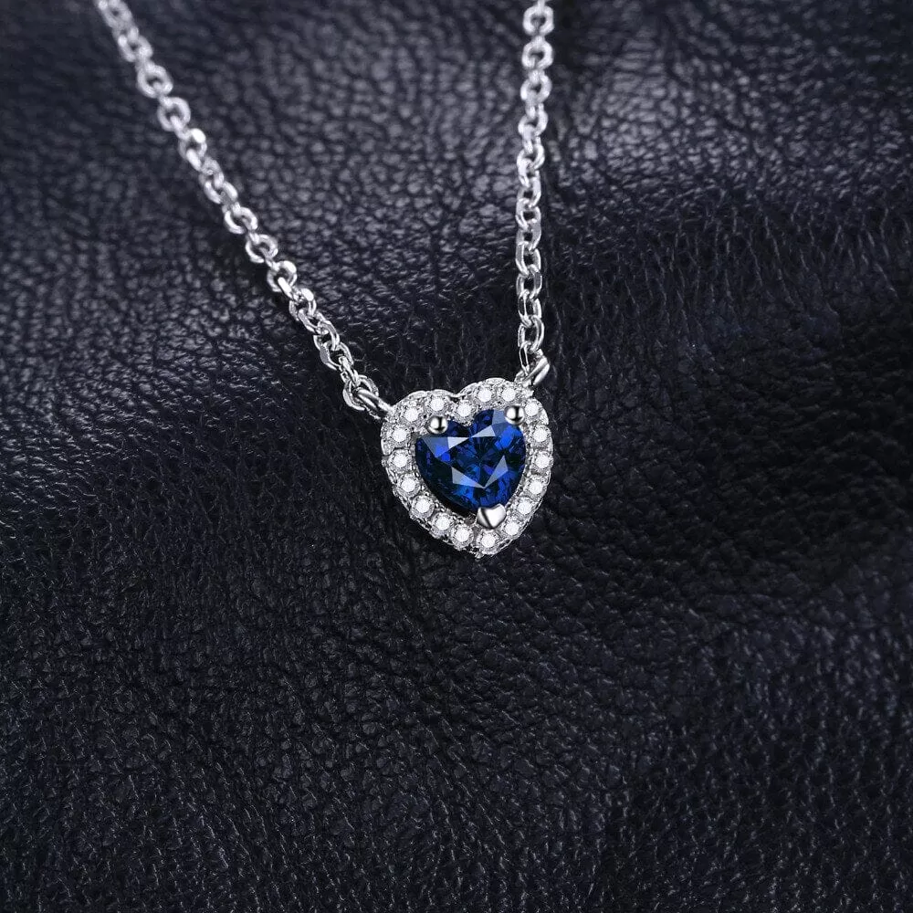 Heart Created Blue Sapphire Necklace - 925 Sterling Silver