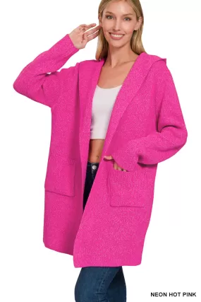 Hooded Open Front Sweater Cardigan - Neon Hot Pink