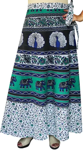 Indian Skirt Women's Cotton Printed Long Wrap Around Skirt (Green, One Size)