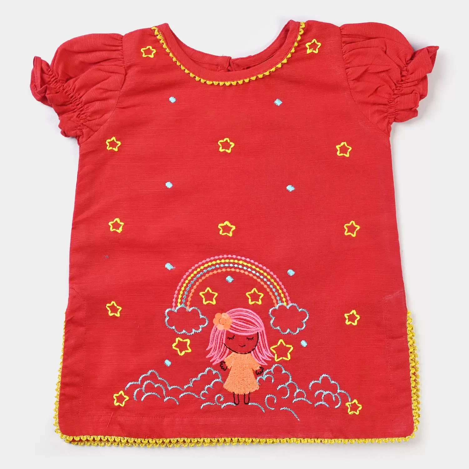 Infant Girls Cotton Slub Embroidered Kurti Pretty-Red