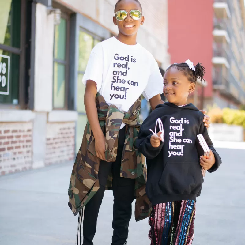 Kids Short Sleeve T-Shirt - God Is Real and She Can Hear You