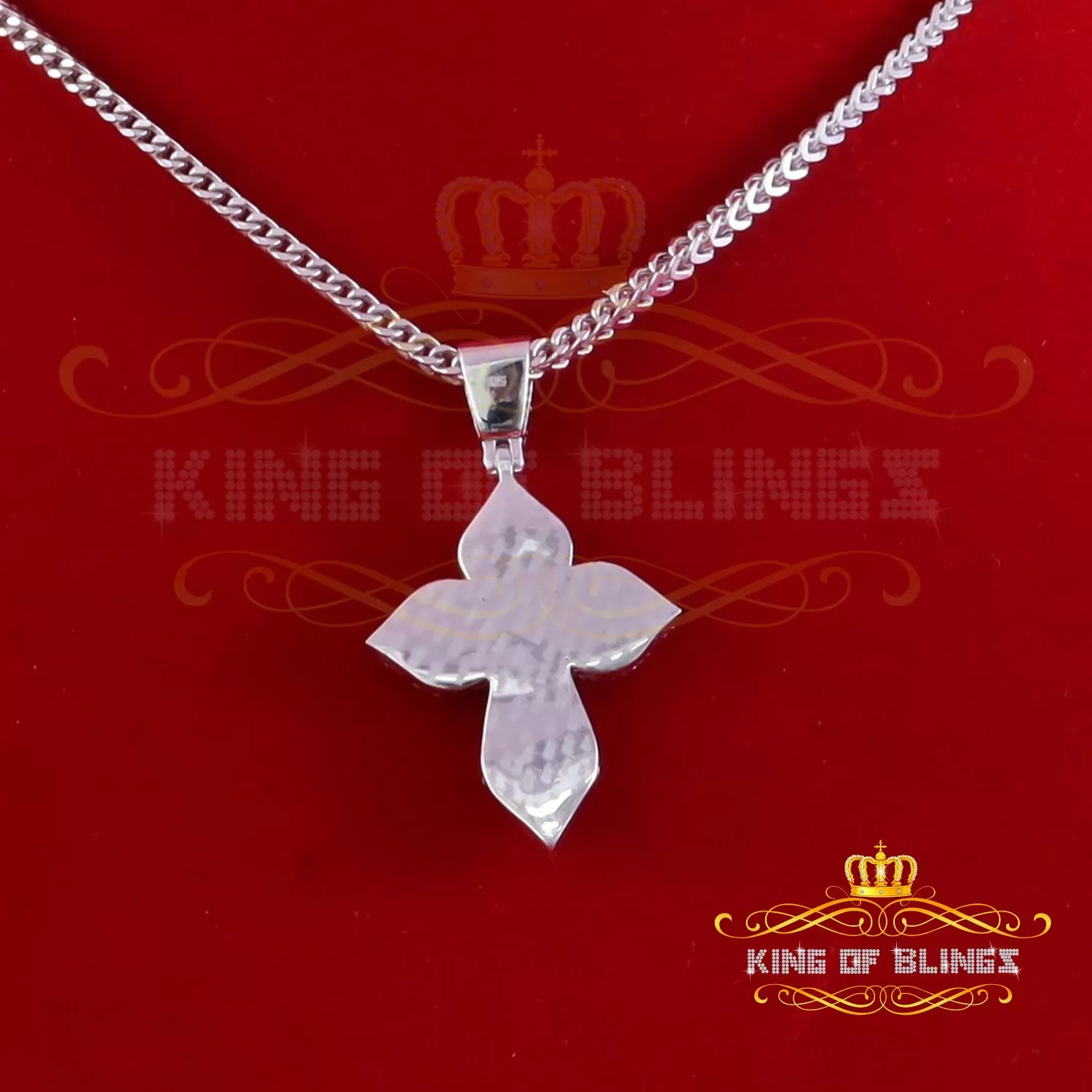 King Of Bling's 3.0ct VVS D Moissanite White Silver Charm Cross Floury Pendant Men's & Women's