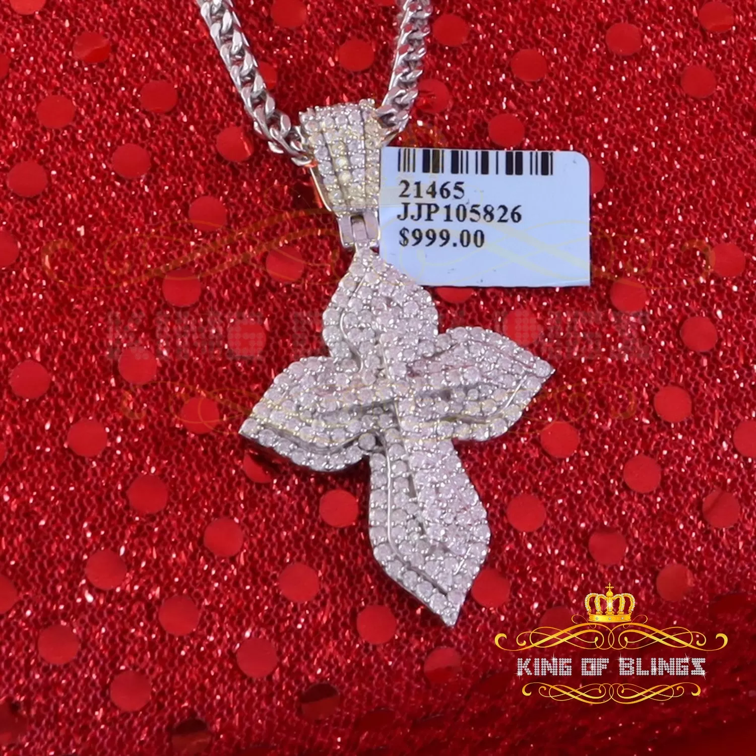 King Of Bling's 3.0ct VVS D Moissanite White Silver Charm Cross Floury Pendant Men's & Women's