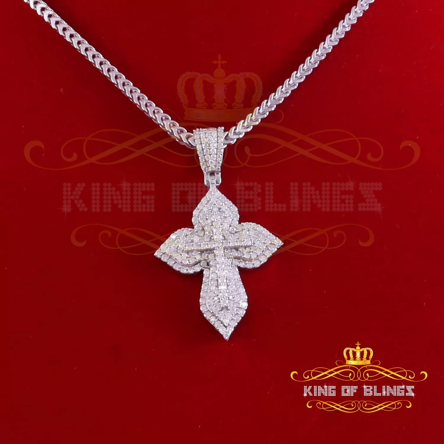 King Of Bling's 3.0ct VVS D Moissanite White Silver Charm Cross Floury Pendant Men's & Women's