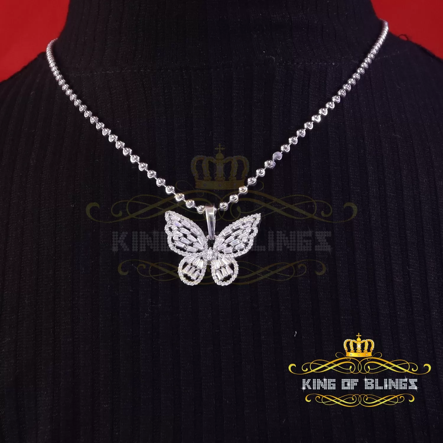 King Of Bling's Men's/Womens 925 Silver White 1.75ct VVS 'D' Moissanite Butterfly Pendant