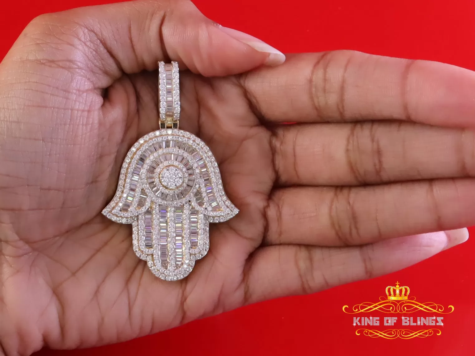 King Of Bling's Men's/Women's New Hamsa Pendant 8.0ct VVS D Moissanite Yellow Sterling Silver