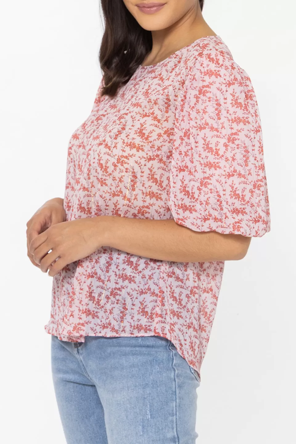 Knowing Pink Ditsy Bubble Sleeve Top