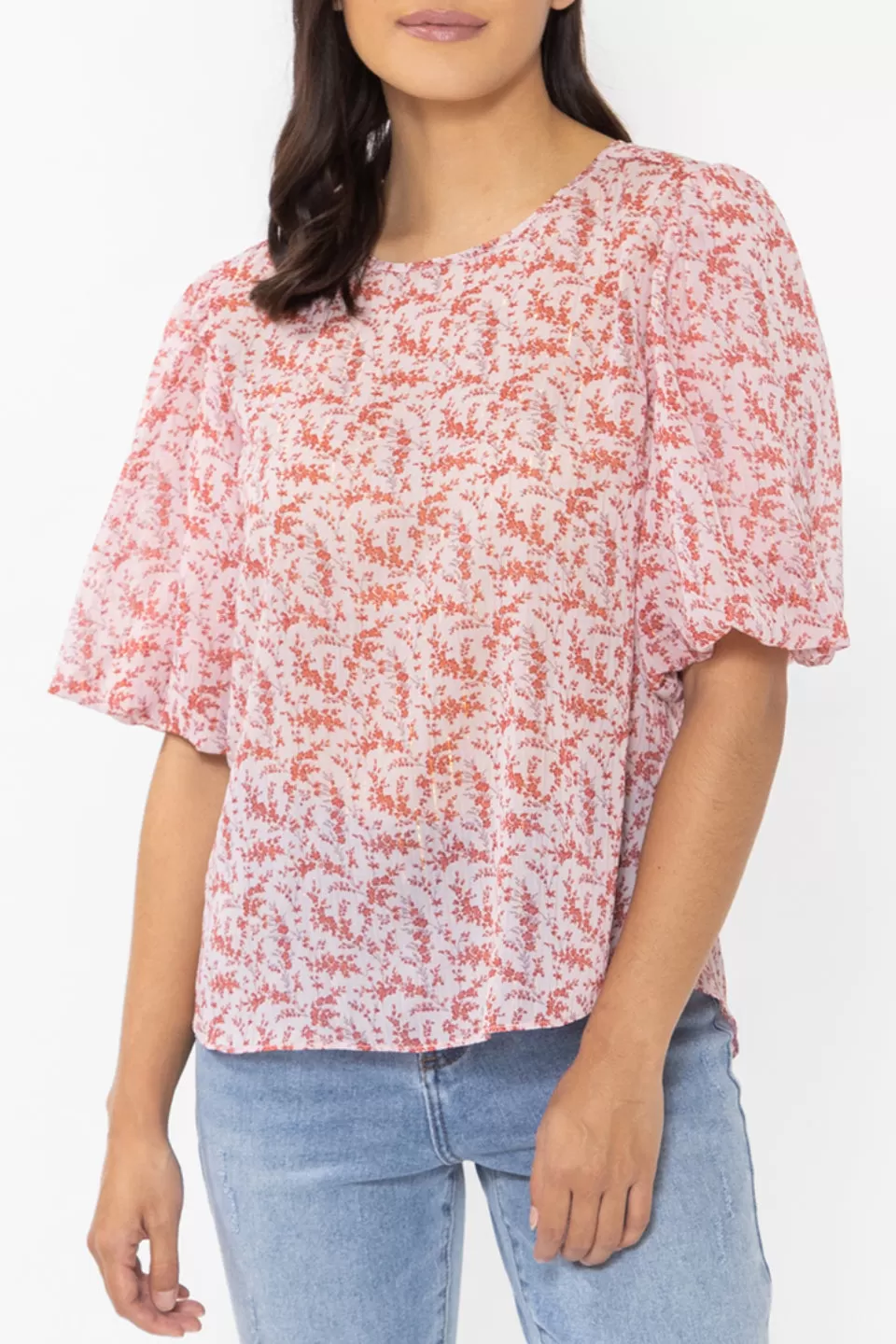 Knowing Pink Ditsy Bubble Sleeve Top